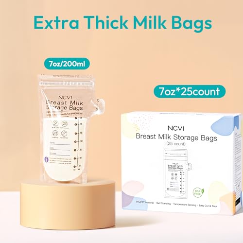 Image of NCVI 25 Count Breastmilk Storage Bags Freezer for Baby, Breast Milk Feeding Bag with Temp-Sensing, Doubled-Sealed, Self Standing, Easy Pour Spout, BPA-Free, 7oz