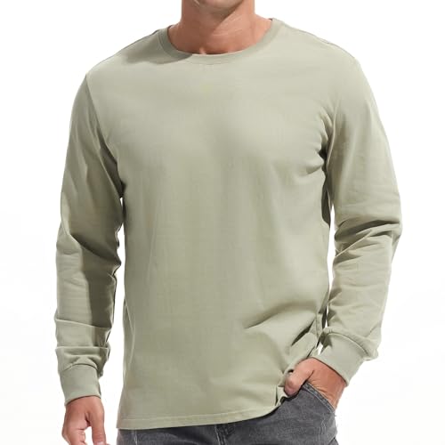 VEIISAR Men's Heavy Weight Crew Neck Long Sleeve T Shirt - Mens 100 Cotton Thick Pre Shrunk Shirts Light Green L