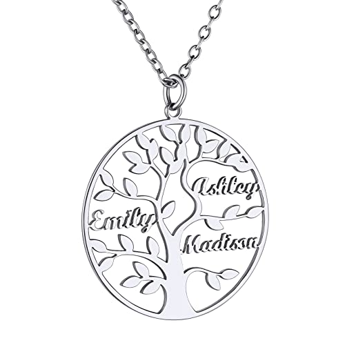 GoldChic Jewelry Collier Arbre de Vie 3 Prenom des Enfants Personnalisé Chaine Rolo 50 cm Pendentif Femme Maman Généalogique Inoxydable Famille Cadeau Fêtes des Mères d'amitié Fille Soeur Copine Cover