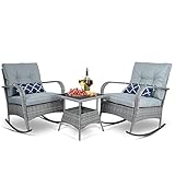 IBITION 3-Piece Outdoor Rocking Chairs Set of 2， Wicker Patio Furniture Modern Rattan Chair Conversation with Cushions & Glass Table for Garden,Backyard, Bistro(Grey)