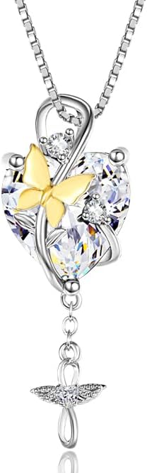 Birthstone Heart Cross Necklace for Women, butterfly Pendant 14K Gold /18K White Gold Womens Necklaces, Jewelry Anniversary Birthday Christmas Gifts for Her Mom Wife