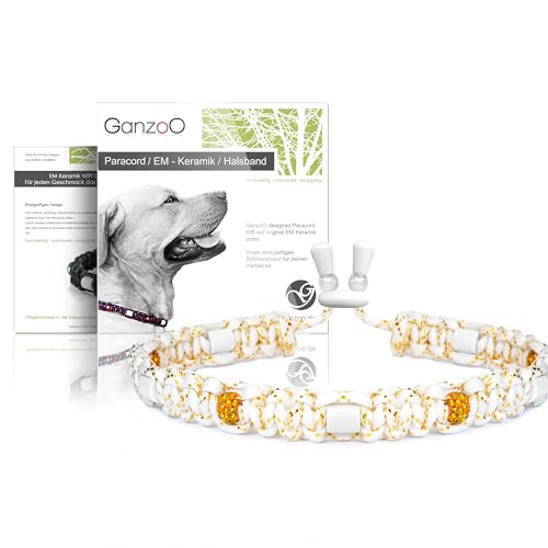 Ganzoo EM Keramik Hunde-Halsband aus Paracord 550, mit Zier-Perlen und EM Tubes/EM Pipes, Größe L 52-64 cm, weiches geflochtenes Collar, dauerhaft tragbar, Zierhalsband, Kordelstopper, Mondstein
