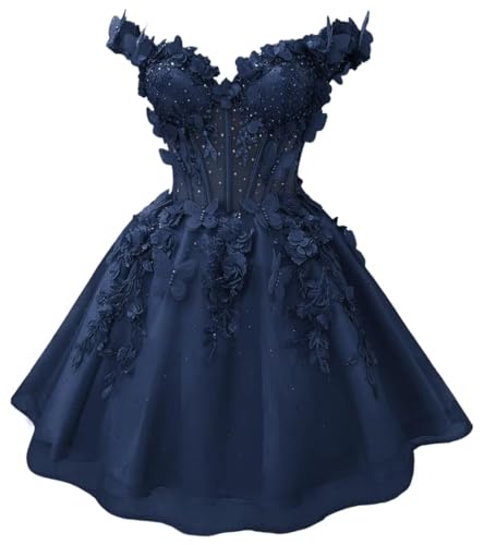 Short Prom Homecoming Dresses Glitter Tulle Lace 3D Butterfly Corset Off Shoulder Puffy DAMA Cocktail Party Gowns for Teens Navy Blue US0