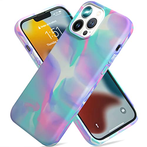 Darelim Designed for iPhone 13 Pro Max Case for Women, Colorful Silicone Ultra Slim Protective Cute Phone Case with Soft Anti-Scratch Microfiber Lining, Watercolor Graffiti Tie Dye Purple Green Case