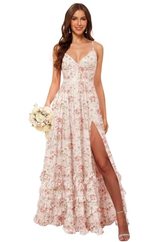 vintys Women's Spaghetti Straps Corset Chiffon Bridesmaid Dresses Long Ruffle V Neck Maxi Formal Evening Dress Floral Blush for Teens 4