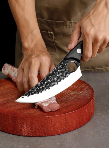 Image of 8 Inch Boning Knife Hand Forged Full Tang Chef Knife Razor Sharp Butcher Knife with Leather Sheath for Meat BBQ Camping Outdoor Viking Style Kitchen Knife