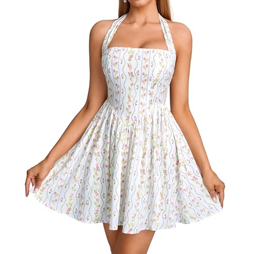 Image of Parthea Women's Floral Halter Mini Corset Dress Sleeveless A Line Flowy Cute Party Graduation Dress