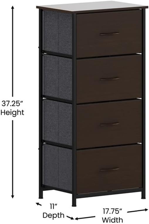 Pemberly Row 4 Drawer Vertical Dresser, Brown Engineered Wood Top, Black Iron Frame, 17.75" W x 12.5" D x 37.25" H, Adjustable Floor Glides, Sturdy Storage Organizer for Bedroom or Closet