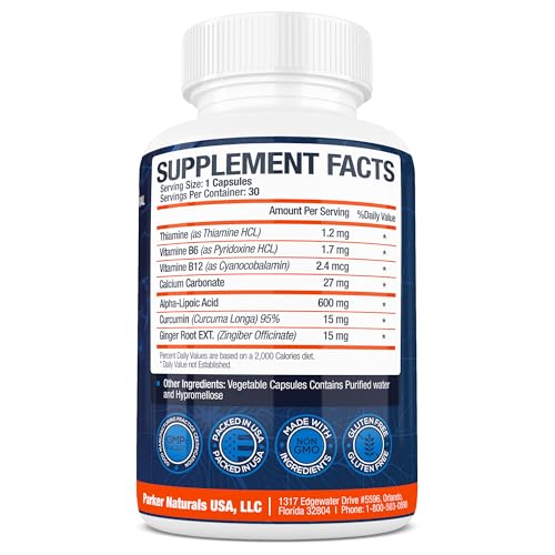 Parker Naturals Nerve Support Supplement with Alpha Lipoic Acid 600mg, Thiamine, Curcumin, Ginger Root, and Vitamin B6, B12 | Neuro Health Supplement, 30 Capsules - Thumbnail 2