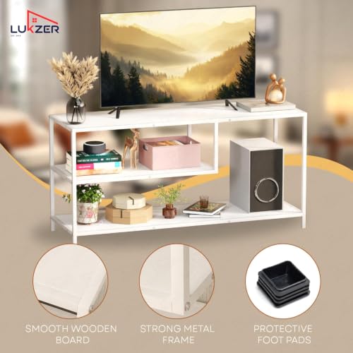 Image of Lukzer Metal & Engineered Wood TV Unit Stand Ideal for TVs Up to 43 Inch | MTU-001 /White & White | Open Shelves for WiFi Router, Set-Top Box, Speakers & Decor | Living Room Storage Rack Organizer