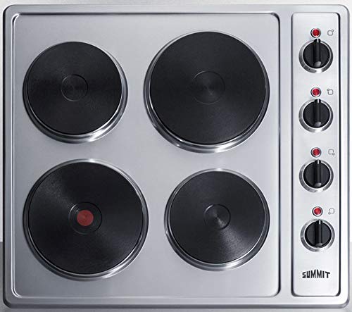 Summit 24" Electric Cooktop, 4 Burners, 230V Solid Disk Cooktop, Stainless Steel and Black- CSD4B24