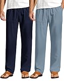 Ficerd 2 Pcs Men's Drawstring Linen Pants Men Casual Beach Trousers with Pocket Lightweight Elastic