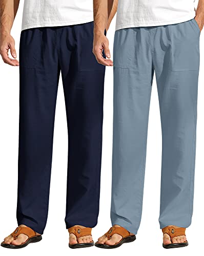 Ficerd 2 Pcs Men's Drawstring Linen Pants Men Casual Beach Trousers With Pocket Lightweight Elastic Yoga Pant (Navy Blue, Blue, Small) #TOP13