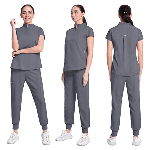 Women's Jogger Scrub Set with Pocket Medical Uniforms Include V-Neck Scrub Top and Pant Fitted Stretch Scrub Set-12 Color (Grey,L,Large)
