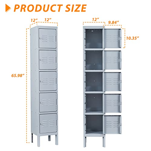 Image of Metal Locker with 5 Doors, 5 Tier Steel Storage Lockers for School, Home, Office, Gym (Grey)