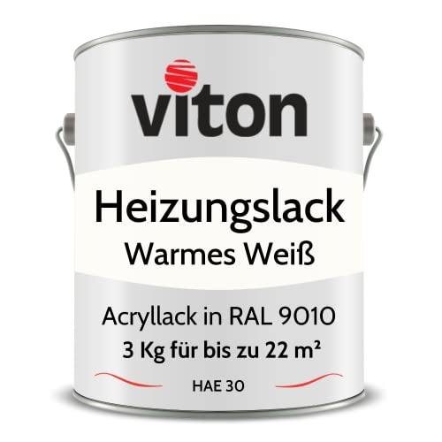 Viton Acryllack für Heizkörper - 3 Kg - Seidenmatt Weiss - UV- & Hitzebeständig - Heizkörperfarbe, Heizkörperlack, Heizungslack - HAE 30 - RAL 9010 Reinweiss (Warmes Weiss)