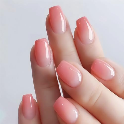 24Pcs Gradient Press on Nails with Ombre Design, Gradient Manicure Art Acrylic Short Coffin Full Cover Fake Nails Stick on Nails Glossy Pink Ombre False Nails Gel Glue on Nails for Women Girls