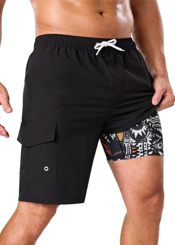 SILKWORLD Mens Swim Trunks with Compression Liner 2 in 1 Quick Dry Bathing Suits Beach Shorts with Cargo Pockets, Black Totem, X-Large
