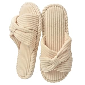 House Slippers for Women Corduroy Cross Bow Indoor Slippers Open Toe Slip On Bedroom Shoes with Memory Foam