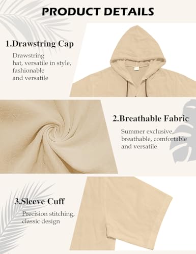 QOSOQ Men's Cotton Linen Shirts Short Sleeve Casual Sweatshirts Button Down Summer Beach Wedding Shirts with Hoodies Beige