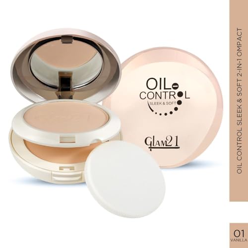 Image of Glam21 Oil Control Sleek & Soft 2-in-1 Compact Powder | Sweat & Waterproof | Long-Lasting Matte Makeup | Enriched with Vitamins E & C | Shine-Free Finish | 18gm, Vanila-01
