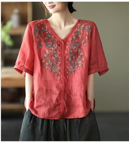 Chemisier Femme Style Chinois Hanfu - Manches Longues, Broderie Florale, Coton Et Lin - Col V Et Bouton Grenouille