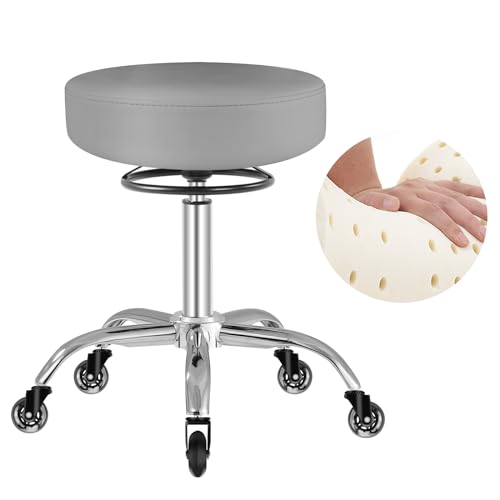 OUTMASTER Rollhocker höhenverstellbar mit Rollen - 50-62cm，bis 180 kg belastbare Arbeitshocker，360° Drehhocker Hocker für Salon und Spa,aus Leder Hocker (Grau)