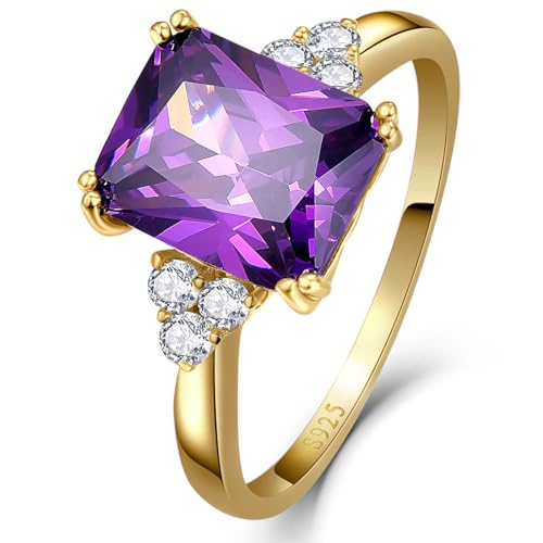 Women's Purple Ring 925 Sterling Silver Amethyst Ring 14K Gold Plated Amethyst Engagement Ring February Birthstone Rings Prong Setting Cubic Zirconia Size 9