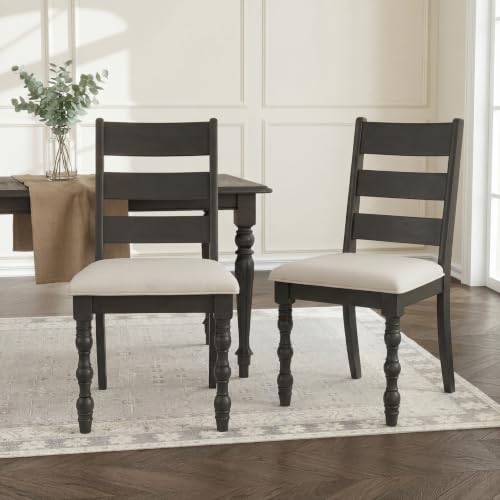Kmax Farmhouse Dining Chairs Set of 2, Rustic Upholstered Ladder Back Kitchen Chair, Natural Wood Acent Chair with Spiral Column-Legs for Dining Room Restaurant, Dark Gray Frame & Beige Seat