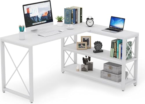 Image of Deskio Engineered Wood Computer Table for Home & Office, White L Shaped Table Desk with Storage Shelves Corner Study for Small Space (Size - 60L X 44W X 30H) | DIY