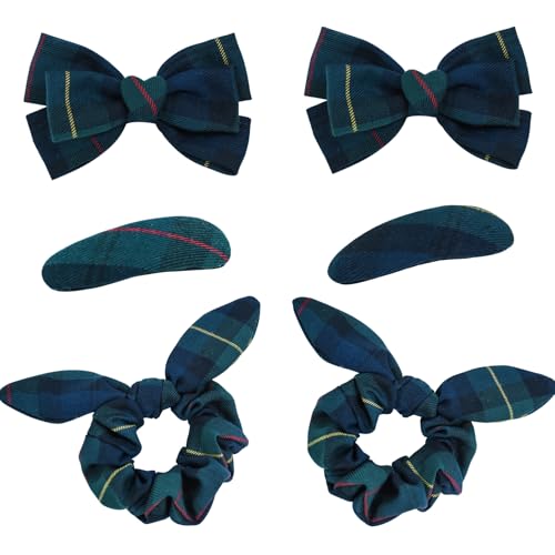 6pcs Uniform Hair Accessories for Girls, 2 Back to School Bows Clip 2 Plaid Bunny Ear Bowknot Scrunchies 2 Snap Barrettes Long Tail Hair Bow Set for Toddler Little Girl (Dark Green, Navy, Yellow, Red)