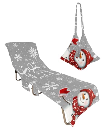 Christmas Snowman Beach Chair Towel Covers for Chaise Lounge with Side Pocket, Soft Plush Pool Towels Cover for Patio Sunbathing Outdoor 29''x85'' Winter Red Snowflake Grey