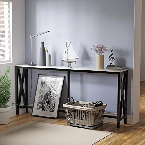 Image of Aquzee Console Table with 2 Power Outlet and 2 USB Ports, 70.9 inch x 11.8 inch x 31.5 inch Steel Frame Narrow Behind Couch Sofa Table, Extra Long White Entryway Table