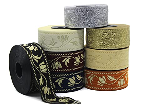 11 Yard Spool 1.37 Inches Wide Black And Gold Ottoman Tulips Jacquard Ribbon Sewing Trim Upholstery Fabric Costume Drapery Making Trimming 35090 #TOP5