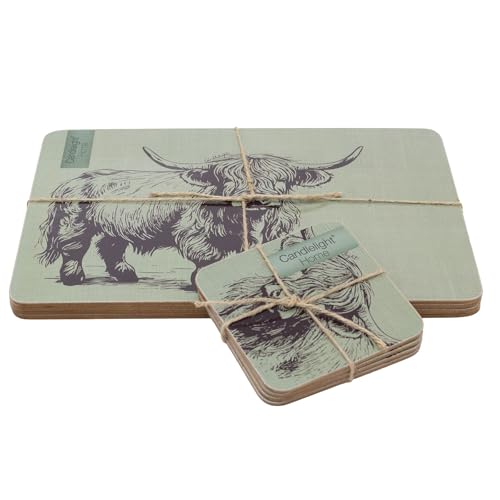 Image of Highland Cow Placemats and Coasters Set, 8-piece Sage Green Cork Backed Table Mats and Coasters with Animal Design