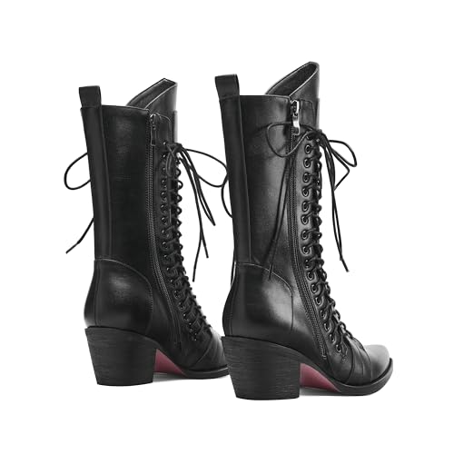 Tsrenlmln women's pointed high-heeled Western cowboy boots with lace up mid length boots4