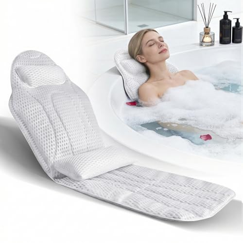 Set completo per vasca da bagno con cuscino lombare, 142 x 48 cm, morbido divano da bagno in rete 5D con ventose e poggiatesta, tappetino per vasca da bagno e tappetino spray (bianco)