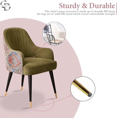 Image of Velvet Accent Chair | Modern Upholstered Dining Chair for Living Room, Office, Lounge & Vanity | Sturdy & Stylish Armchair (Floral, Olive Brown)