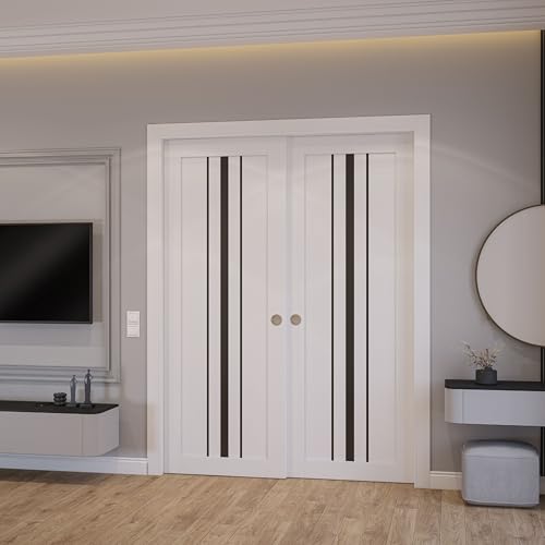 Image of Sartodoors Interior Door 3094 Closet Bypass Doors White with Black Opaque Glass Solid MDF Modern Design 56 x 96 in