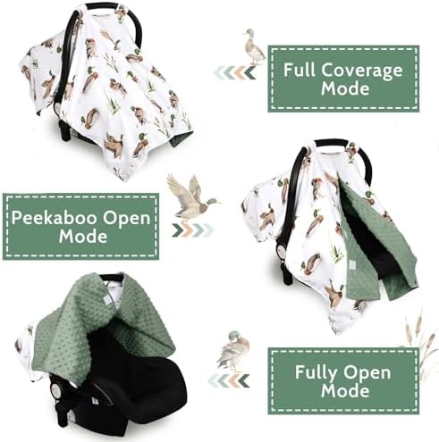 CARUILI Green Car Seat Cover Baby Boy, Peekaboo Infant Car Seat Cover Summer, Multi-Use Newborn Carseat Canopy, Nursing Cover, Blanket, Mallard Duck