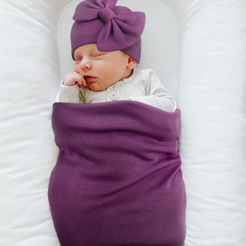 Image of AQOKKA Newborn Receiving Blanket with Bow Hat Headband Wooden Card Set Newborns Toddler Baby Boy Girl Nursery Swaddle Wrap