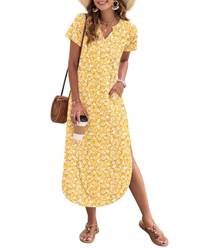 Image of MISFAY Women's Summer Maxi Dress 2026 Casual Short Sleeves V Neck Loose Sundress Split Long Beach T Shirt Dress