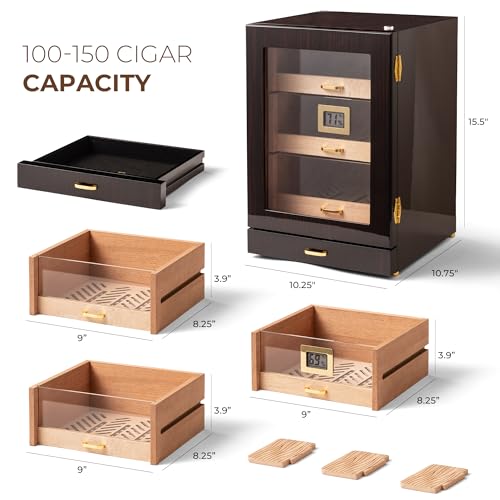 Woodronic Cigar Humidor Cabinet with LED Light, Magnetic Door, 3 Spanish Cedar Drawers & Dividers, Accessory Drawer, Digital Hygrometer & Humidifiers, Glossy Ebony, Holds 150 Cigars, Gift for Men
