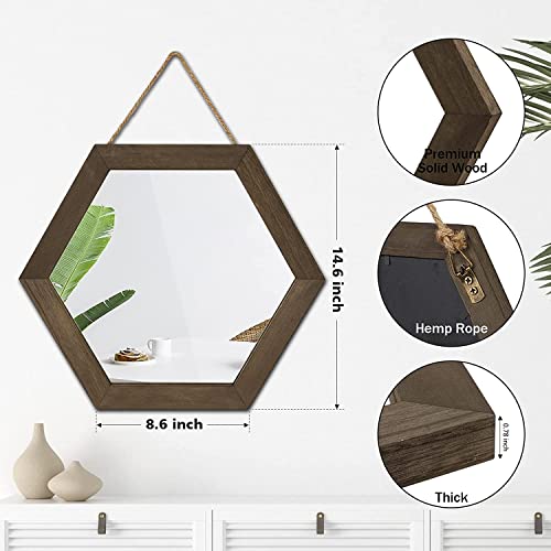 Emfogo Hanging Wall Mirror With Rope 14 Inch Small Decorative Mirror Hexagon Rustic Wood Frame Mirror For Farmhouse Wall Decor, Bedroom Living Room,Entryway (Weathered Walnut) #TOP2