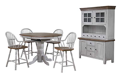 Sunset Trading Country Grove 6 Piece Round or Oval Extendable Pub Table Set | 4 Barstools with Arms | Lighted China Cabinet | Distressed Gray and Brown Wood, 2 Size