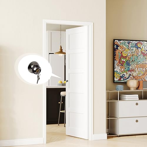 Image of 30 inch x 80 inch Slab Door, 5-Panel Pantry Wood Door with Black Door Knob, Interior Single Door Panel for Closet & Bedroom, Classic Style as Prehung, Pocket, Bifold, Barn Doors
