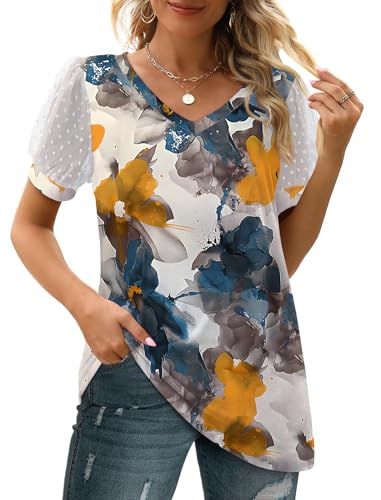 Image of Aokosor Womens Summer Tops V Neck T Shirts Swiss Dot Puff Sleeve Tops Loose Casual Tshirts