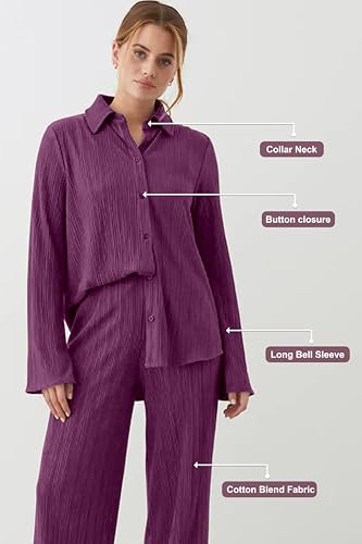 Image of TRENDMALLS Women's Cotton Blend Long Sleeves Shirt with Trouser Co Ords Set for Women