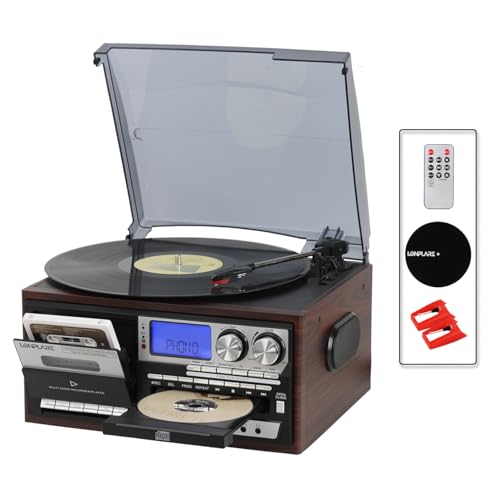 All in One Vintage 3 Speed Vinyl Record Player with Built-in Speakers,Bluetooth in/Out Turntable,CD Player/Cassette/USB/TF Card,AUX in,FM/AM Radio,RCA Out,Recording