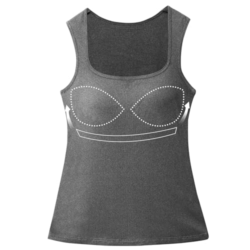 Women's Sleeveless Tank Top with Built in Bra Cup Form Fitting Square Neck Ribbed Knit Basic Cami Shirt Yoga Tee Top Grey XL
